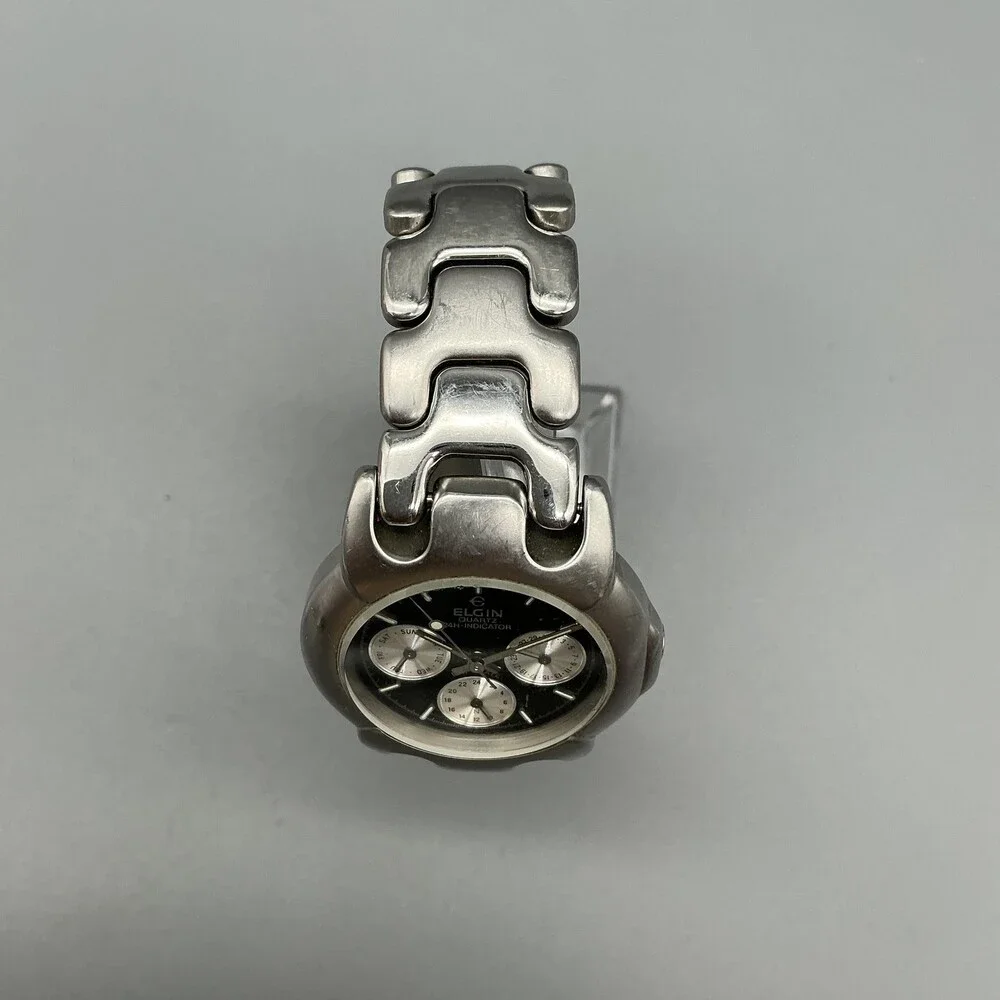 Vtg Elgin Unisex Watch 35mm Black Dial Stainless Multifunction New Battery 6.5